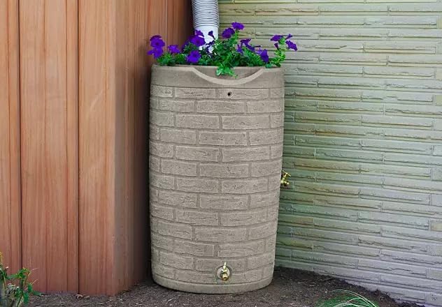 Impressions Downton Rain Barrel, 50 Gallon Capacity, Brick Pattern, with Brass Spigots (Sandstone)