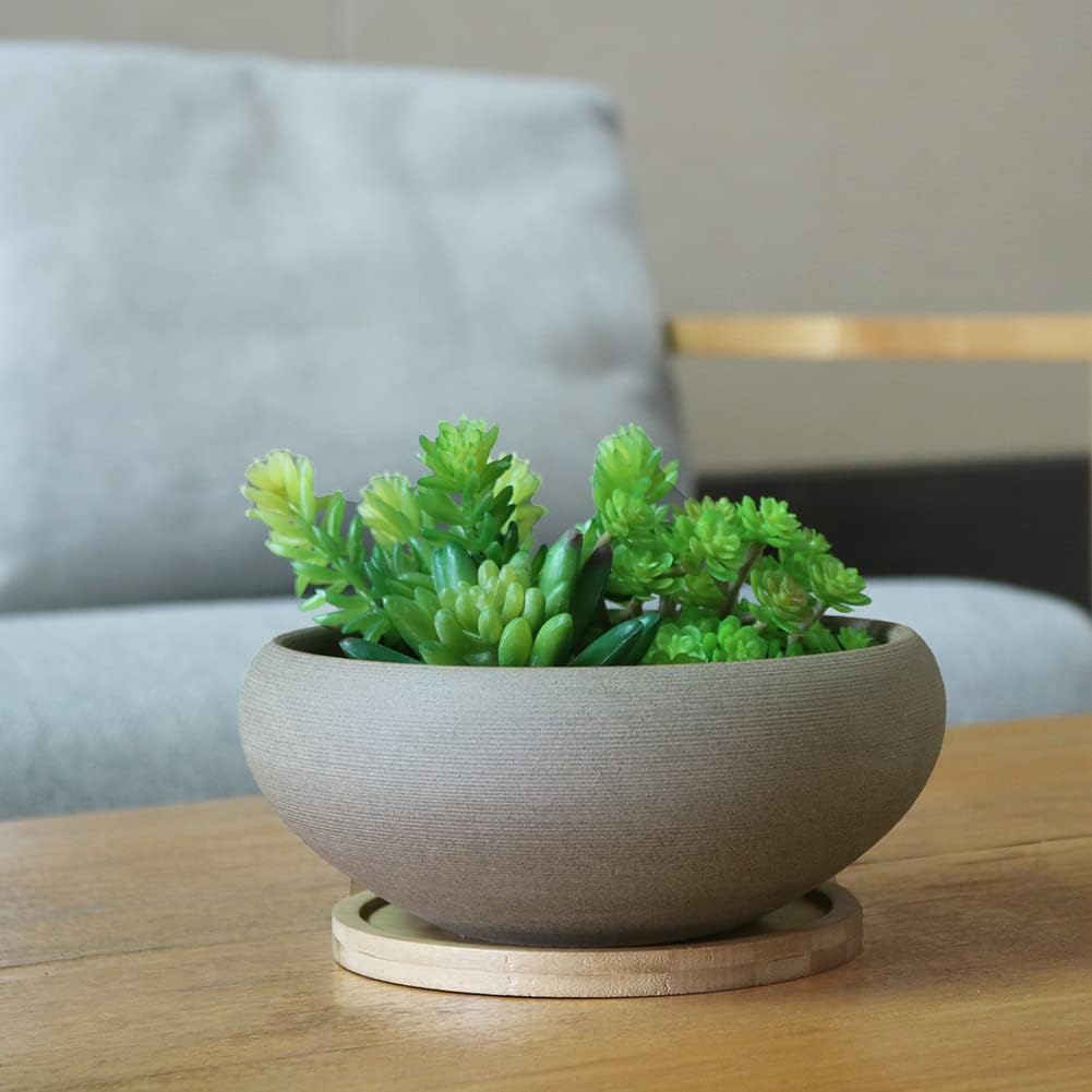 MUZHI Round Unglazed Ceramic Bonsai Pot with Bamboo Tray, Large Rough Pottery Succulent Planter with Drainage Hole 8 inch …