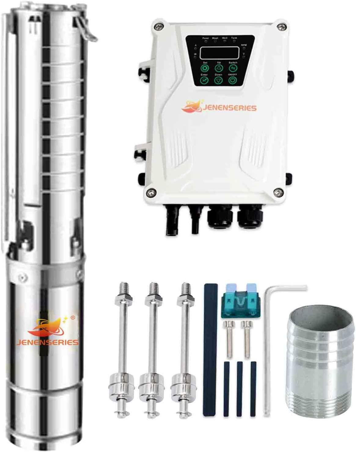 Pump 1300W DC 96V Solar Water Pumps, 4 inch Stainless deep well impeller pumps with max head 393ft, 24GPM Flow and MPPT charge controller float switch kits for home or farm (1300W+ controller)