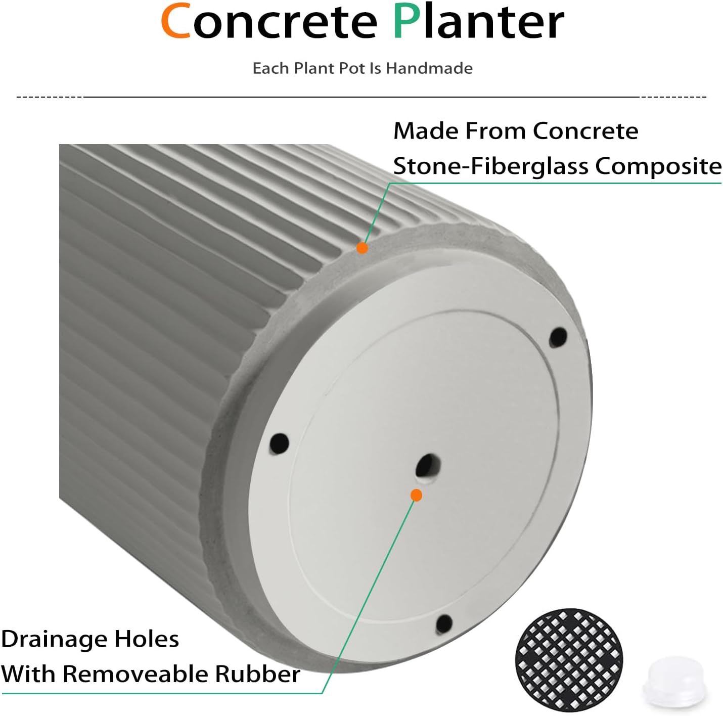 Round Concrete Planter Outdoor Indoor, Large Cement Plant Pots for Flowers (Vertical Gray, 12 inch)