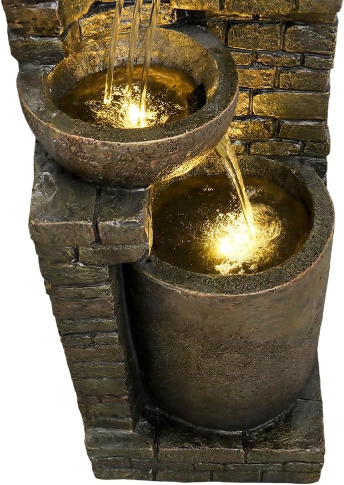 38.2 ''H Cascading Bowls and Stacked Stones with Led Lights Outdoor Water Fountain for Gardens, Landscaping, Balconies, Floor Patio,Backyard and Home Art Decor