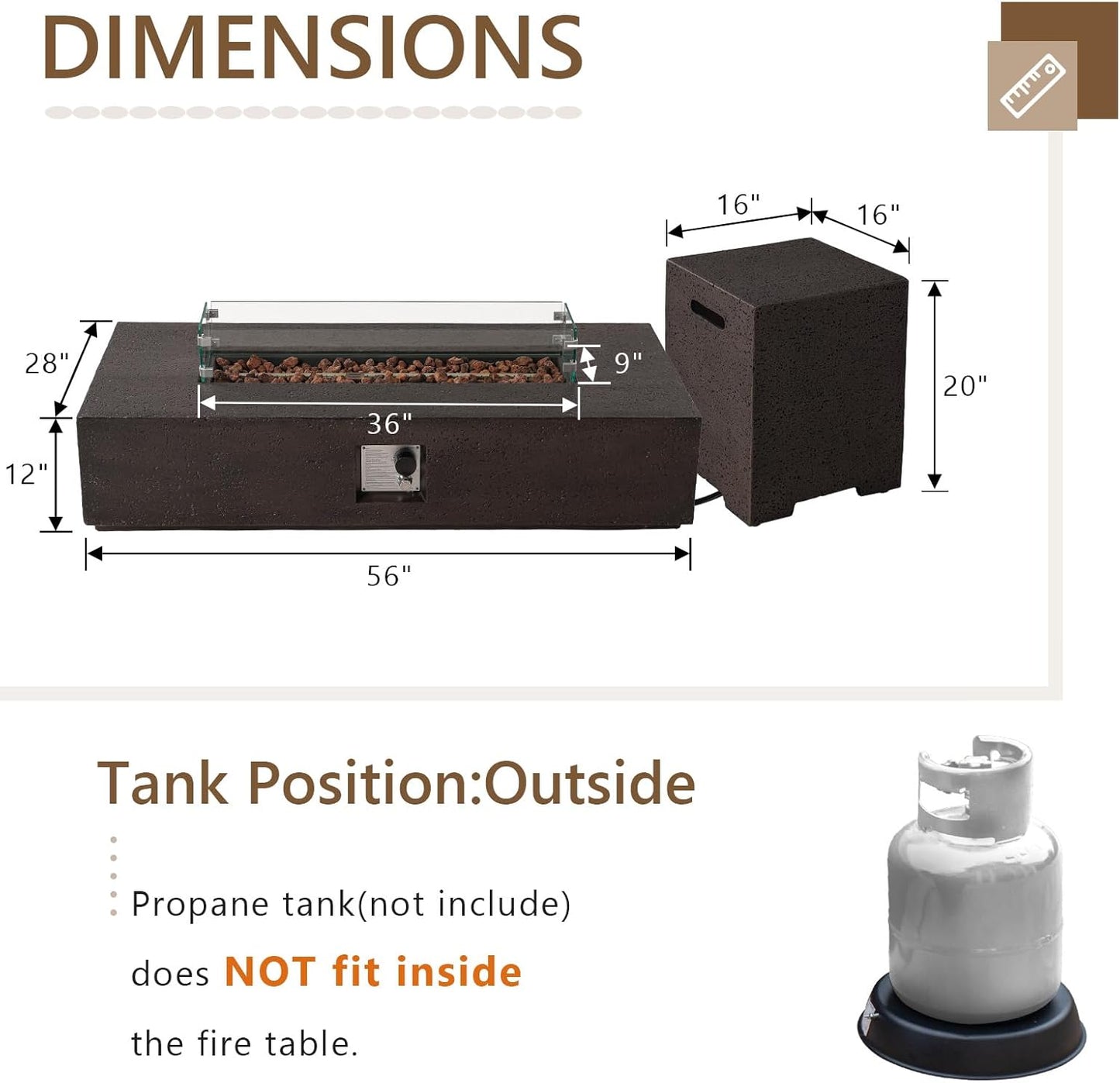 COSIEST 56 x 28 inch Outdoor Propane Fire Pit Coffee Table w Concrete Rectangle Base, CSA Certified, 50,000 BTU, Free Lava Rocks and RainCover, Fits 20lb Tank Outside, Wind Guard, Tank Cover, Brown