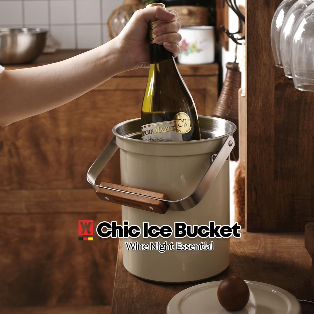 Kitchen Countertop Compost Bin 101ounces / 3Liters, Airtight Lid SUS304 Stainless Steel Odor-Free Food Waste Bin with Wooden Handle Stylish Design Bathroom Trash Can (Off-White)