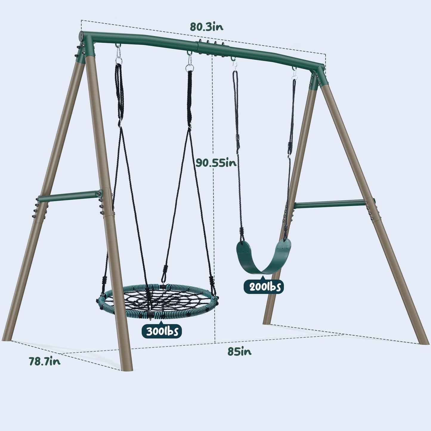 Hapfan 7.5ft Tall Swing Sets for Backyard, 500lbs Heavy Duty Swing Set for Kids and Adults with Spider Swing and Belt Swing, Outdoor Playground Sets for Backyards(Green and Brown)