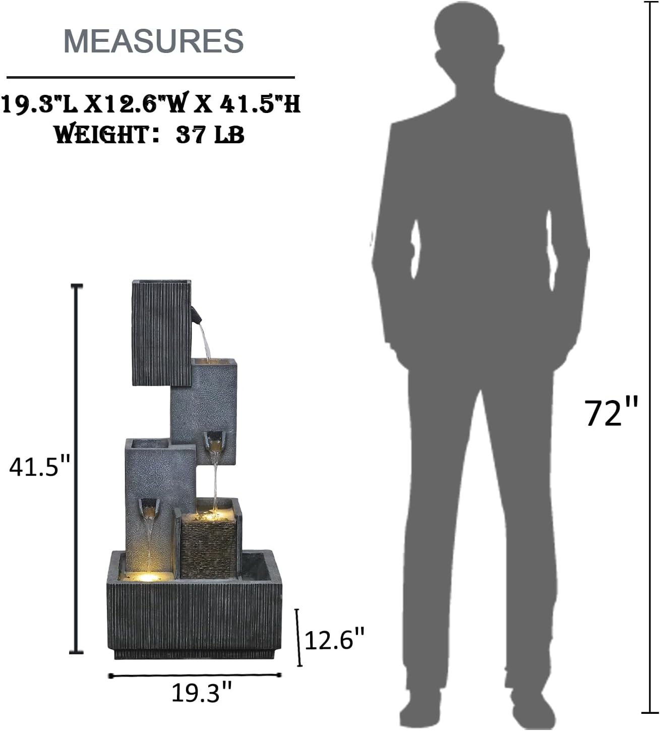 Tiered Water Fountain Outdoor Garden - Waterfall Patio Freestanding Cascade Fountains Concrete Artistry Modern Style with LED Lights for Yard Pool Home Decor, 41.5 inches Tall