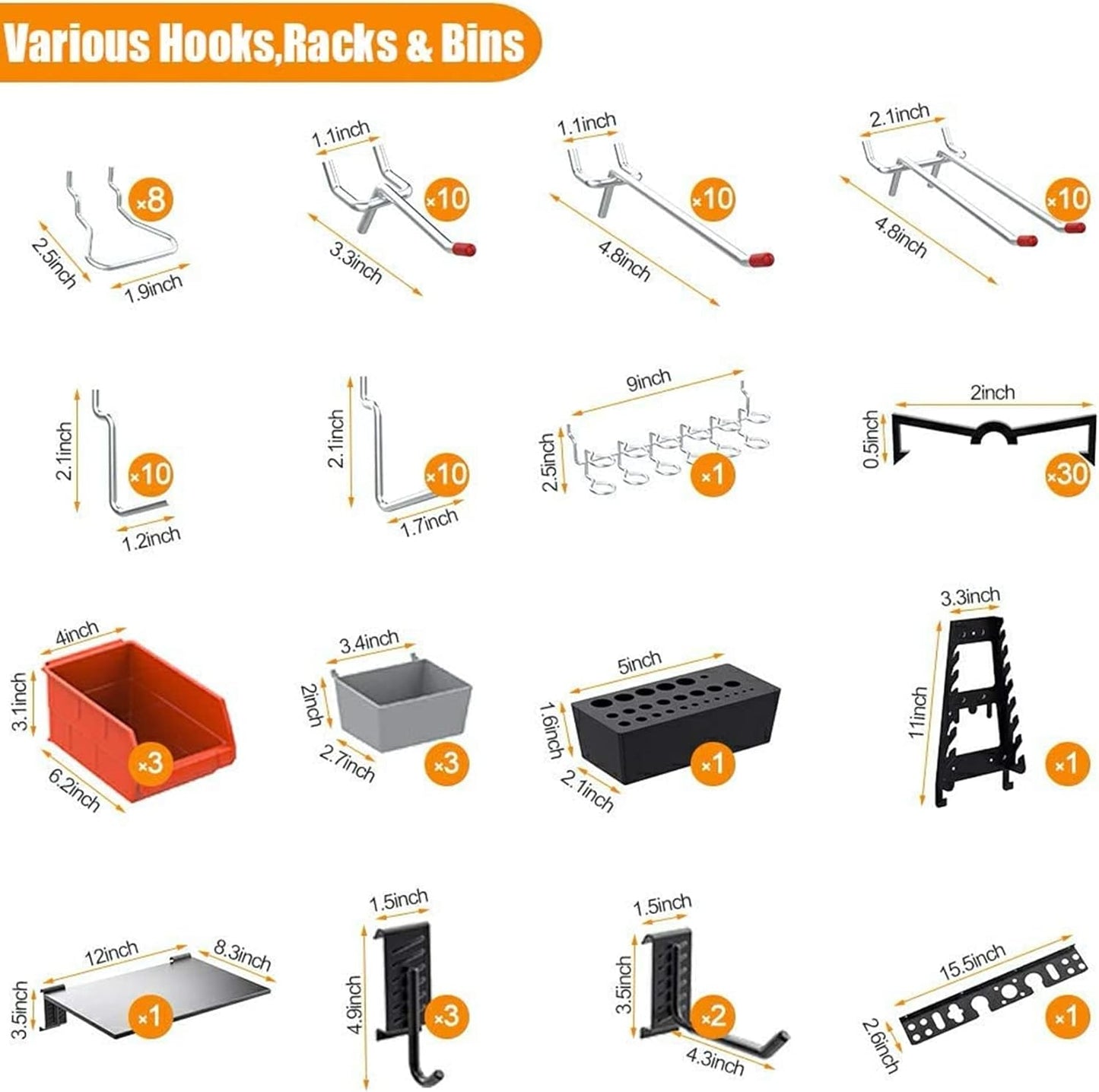 TORACK 109Pcs Pegboard Wall Organizer 4 ft. Garage Metal Pegboard Standard Utility Tool Storage Kit w/Toolboard Hooks & Pegboard Hooks Accessories, Wall Mounted Storage Bins & Shelf