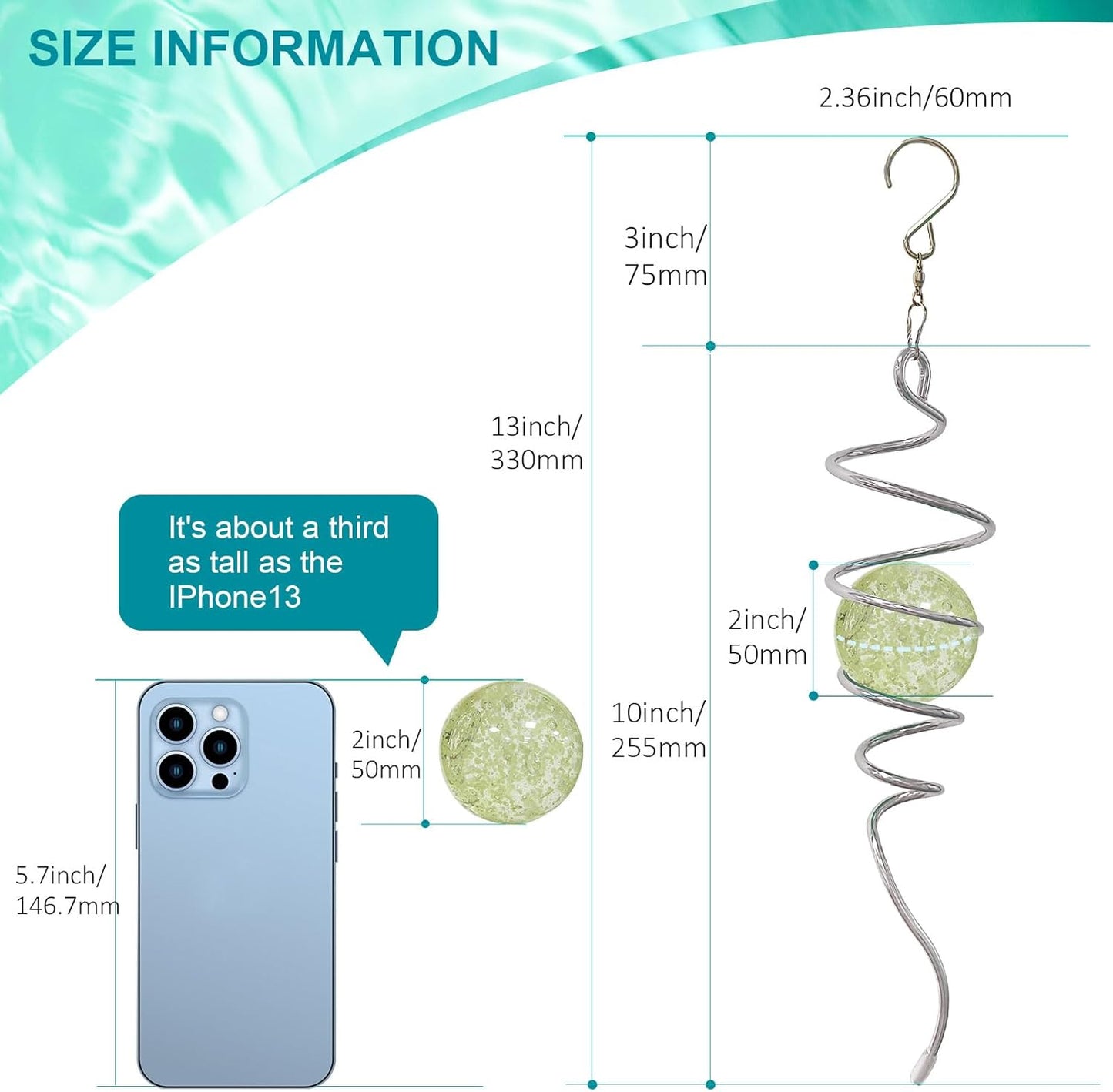 Glow in The Dark Gazing Ball Spiral Tail - Wind Spinner Stabilizer with Glow Glass Ball & Swivel Hook, Hanging Garden Decoration Sun Catcher Rainbow Maker Decor for lndoor Outdoor 13" Height