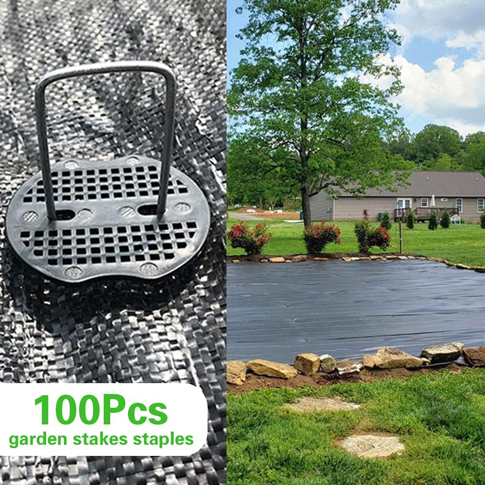 100Pcs Garden Stakes Staples + 100Pcs Gasket, Bakulyor 6 Inch Lawn Landscape Staples 11 Gauge U Shaped Galvanized Landscape Pins, Heavy Duty Yard Ground Pin for Weed Barrier Sod Fabric Decorations
