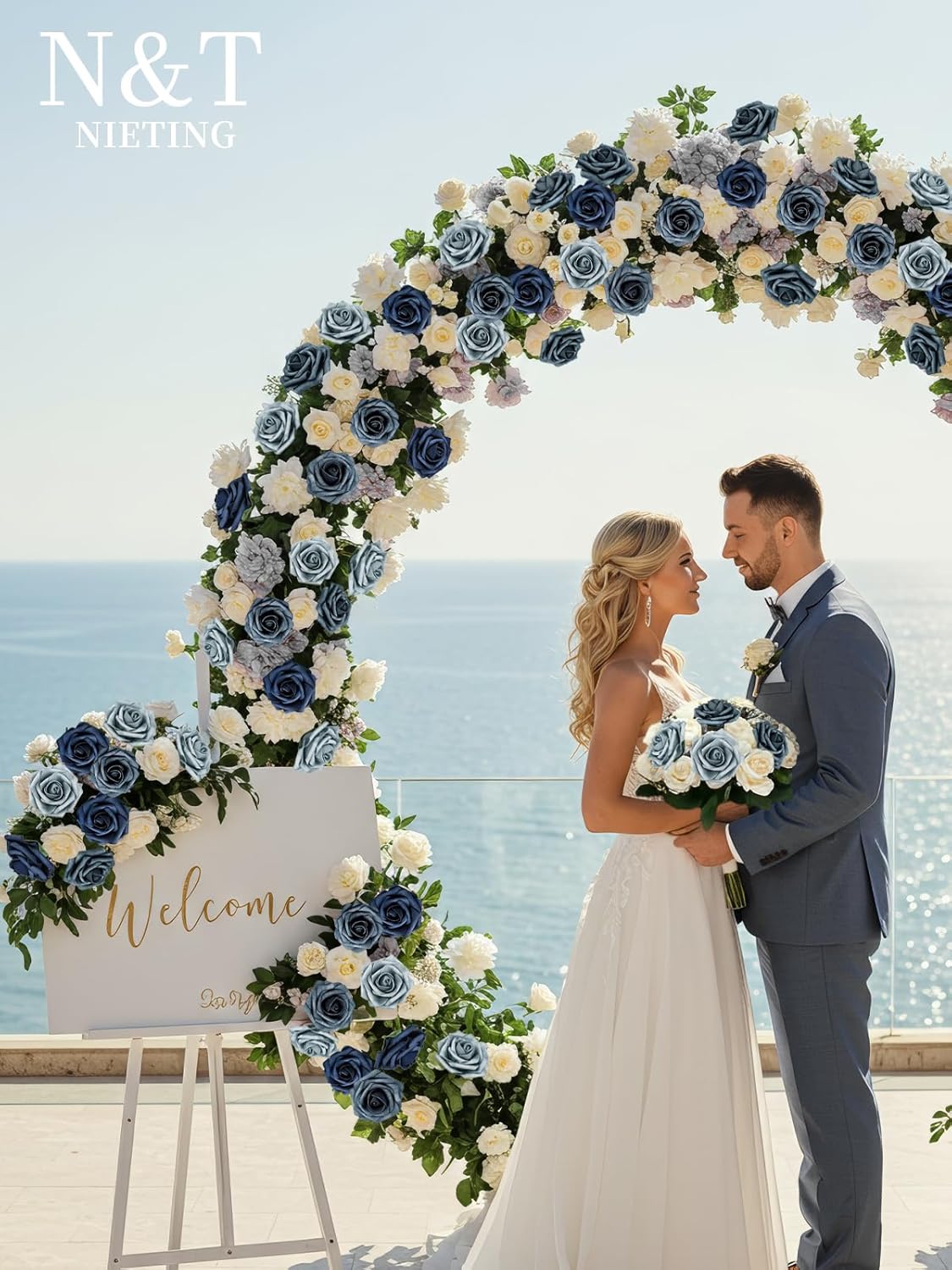 N&T NIETING Dusty Blue Fake Roses,50pcs Artificial Flowers Faux Flowers Fake Flowers for DIY Wedding Bouquets Centerpieces Floral Arrangements Home Decorations Shades of Navy Blue