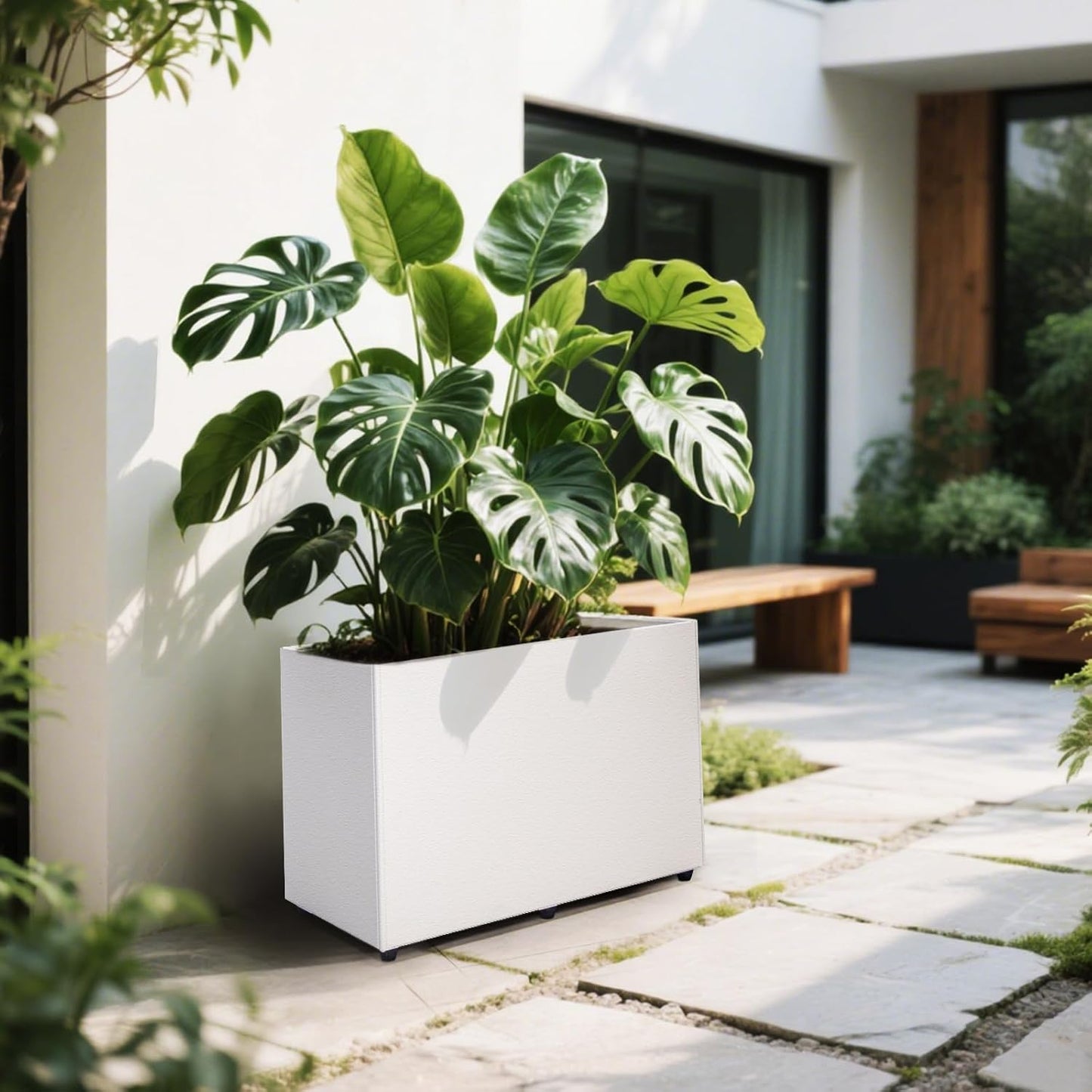 Planter Box Rectangular Block - 24×16×12IN Galvanized Steel Metal Long Box Planter Easy Installation Modern Outdoor Tall Planters All-Weather Use with Drainage Holes for Patio/Porch(White)