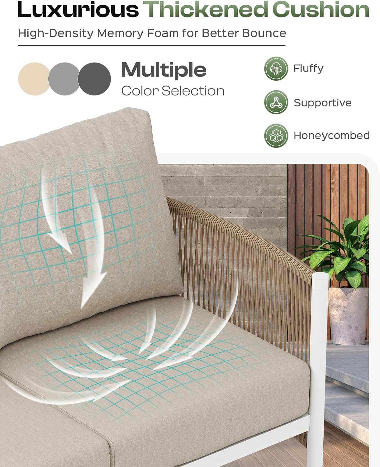 Aluminum Outdoor Patio Couch, 3 Seats HDPE Rope Patio Sofa with Washable Thick Cushion, All-Weather Patio Furniture for Balcony, Yard, White Frame, Ivory