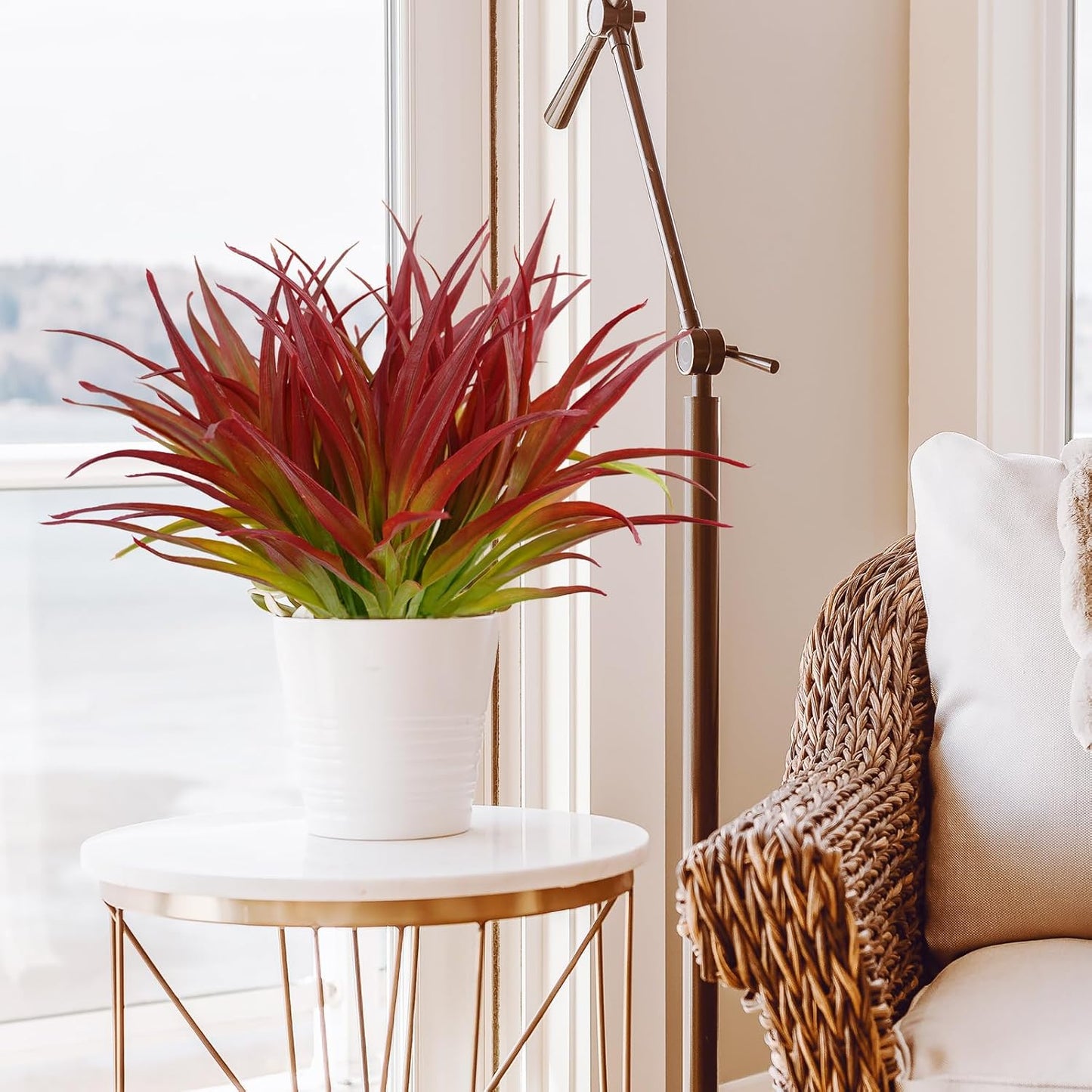 16Pcs Artificial Grass Fake Plants 17.3in Outdoor Plants UV Resistant Greenery Stems Fake Grass for Home Window Garden Office Patio Pathway Front Porch Décor Light Green & Red