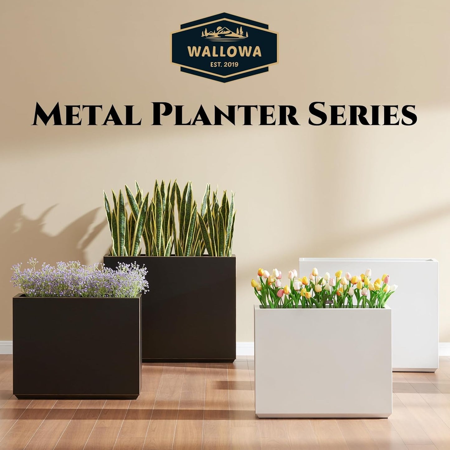 Metallic Heavy Outdoor Planter Box, Span Planter, Long and Tall Divider, 30Lx10Wx24H, Black with Gold Rim, 30.8 Pounds