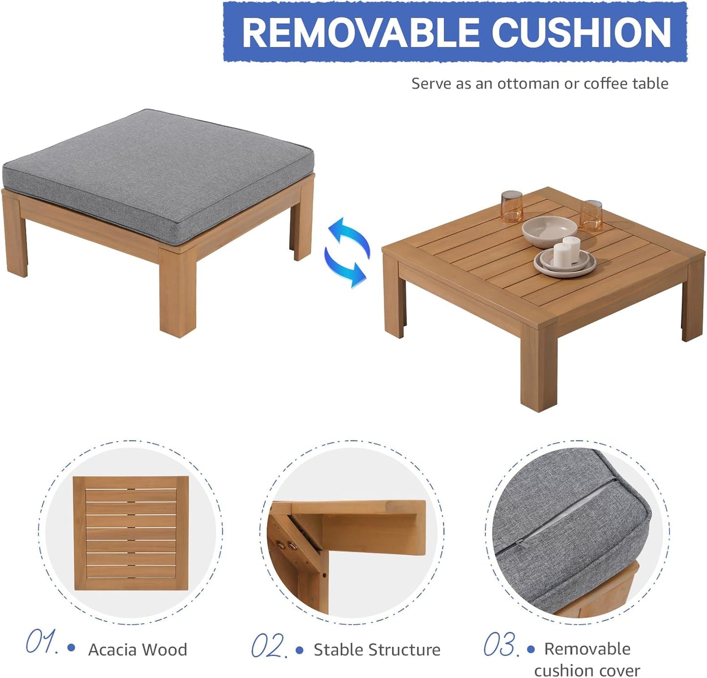 SUNSITT 4 Piece Acacia Wood Patio Furniture Outdoor Sectional Sofa Set with Adjustable Armrest, FSC Certified L-Shaped Patio Set w/2-in-1 Coffee Table, Grey Cushions