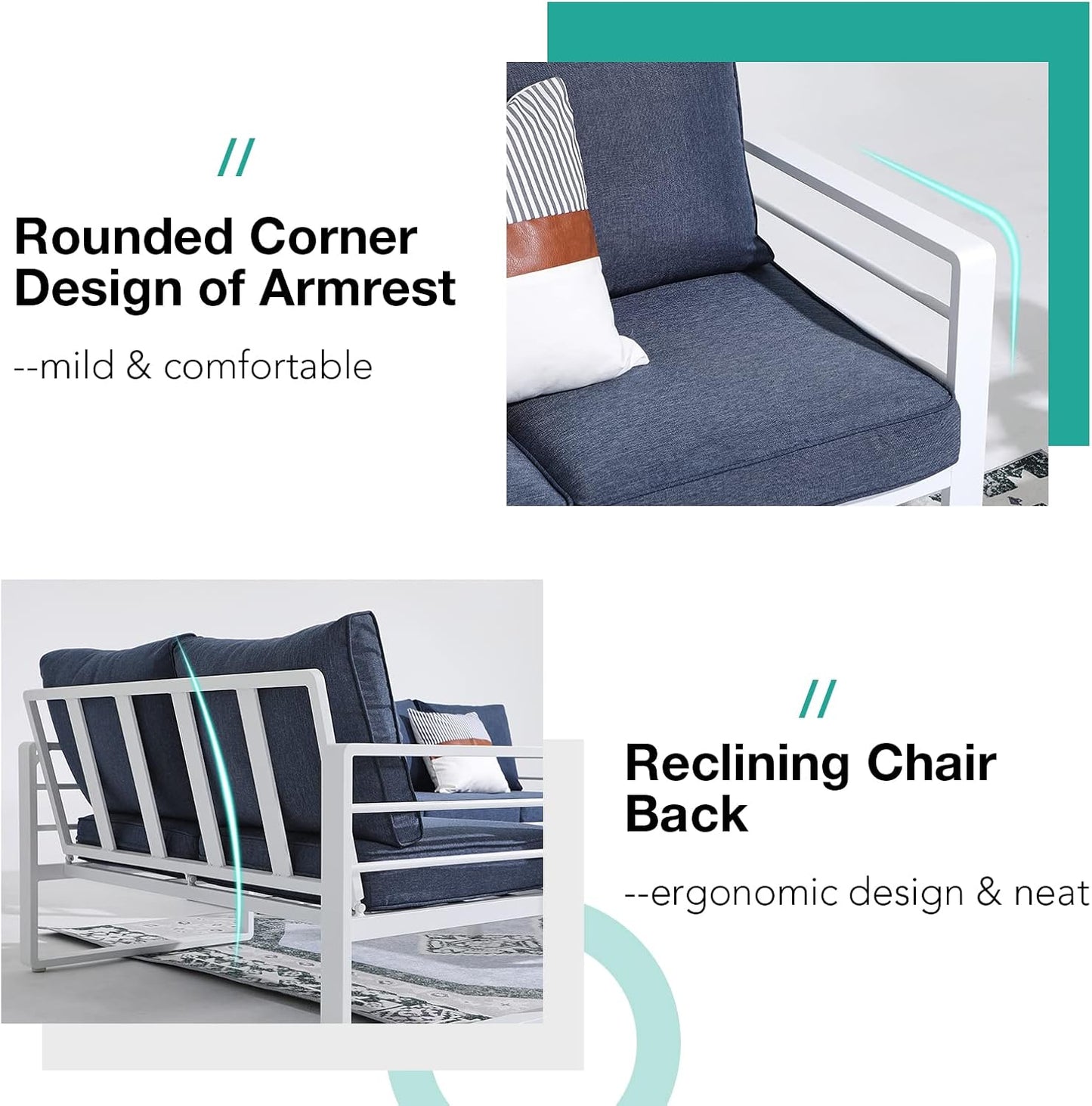 Patiorama Aluminum Patio Furniture Set, Outdoor Patio 3-Seater Sofa, 3 Seats Couch, All Weather White Metal Chair with Olefin Cushion, Deep Seating, 800 lbs Capacity, Deck, Garden-Blue Cushion