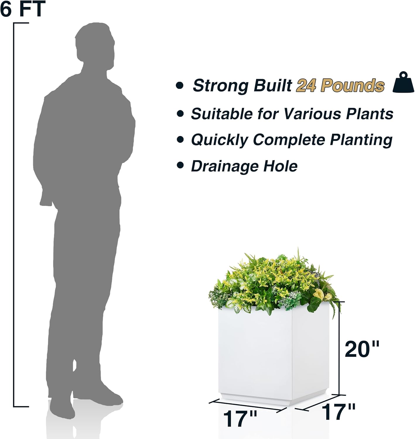 Metallic Heavy Cube Square Planter, No Assembly Required, Seamless Large Outdoor Planter, Tall Plants and Flowers 17'Lx17'Wx20'H 24lbs White