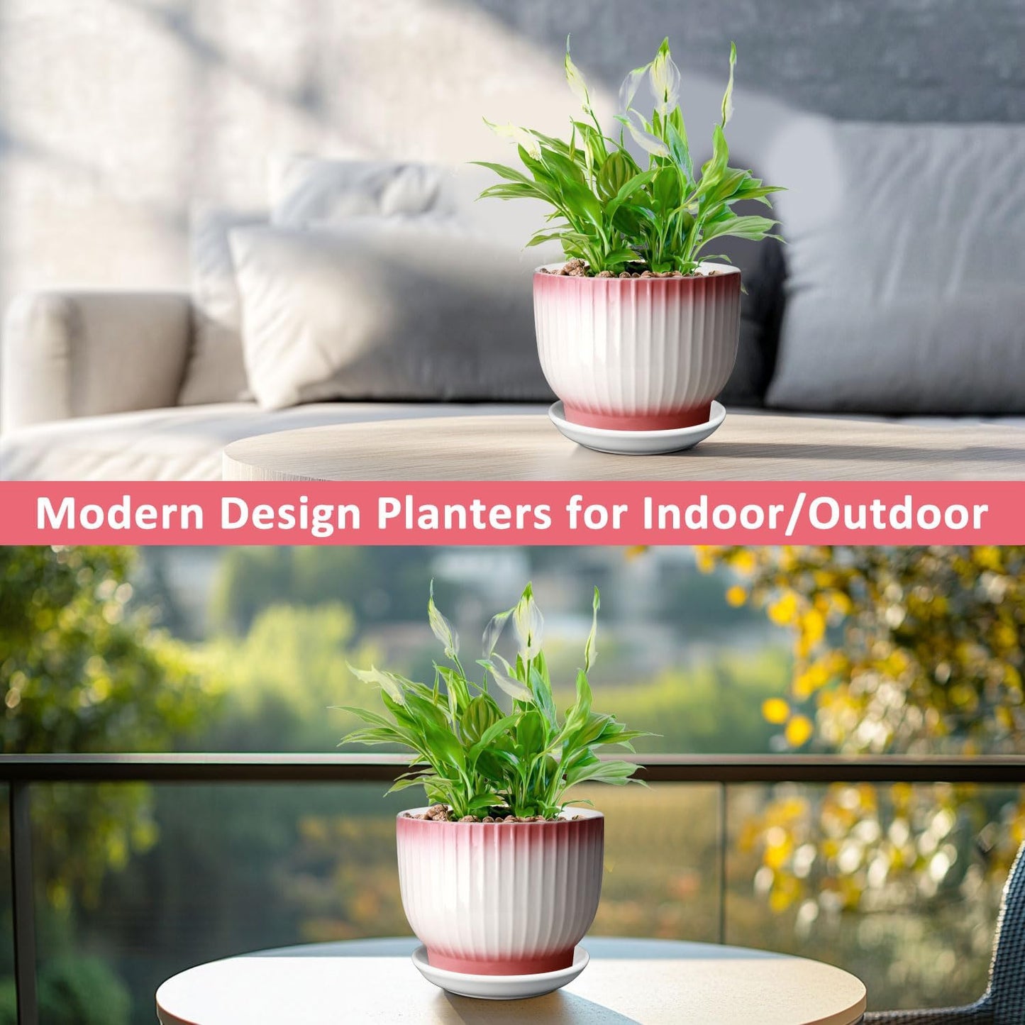 8 Inch Plant Pot, Ceramic Planter with Drainage and Saucer, Ceramic Pots for Plants, Indoor Plant pots,Flower pots(Pink + White, Plants NOT Included)