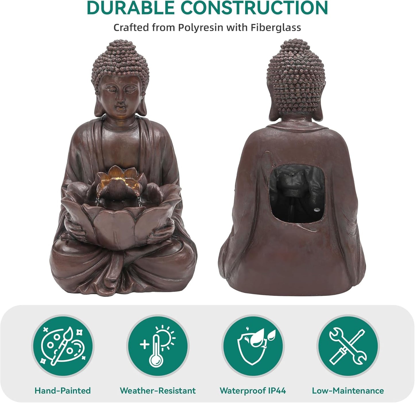 18.9" H Buddha Outdoor Water Fountain with LED Lights and Pump,Zen Style Relaxing Garden Fountain Waterfall for Patio, Porch, or Yard, Faux Bronze
