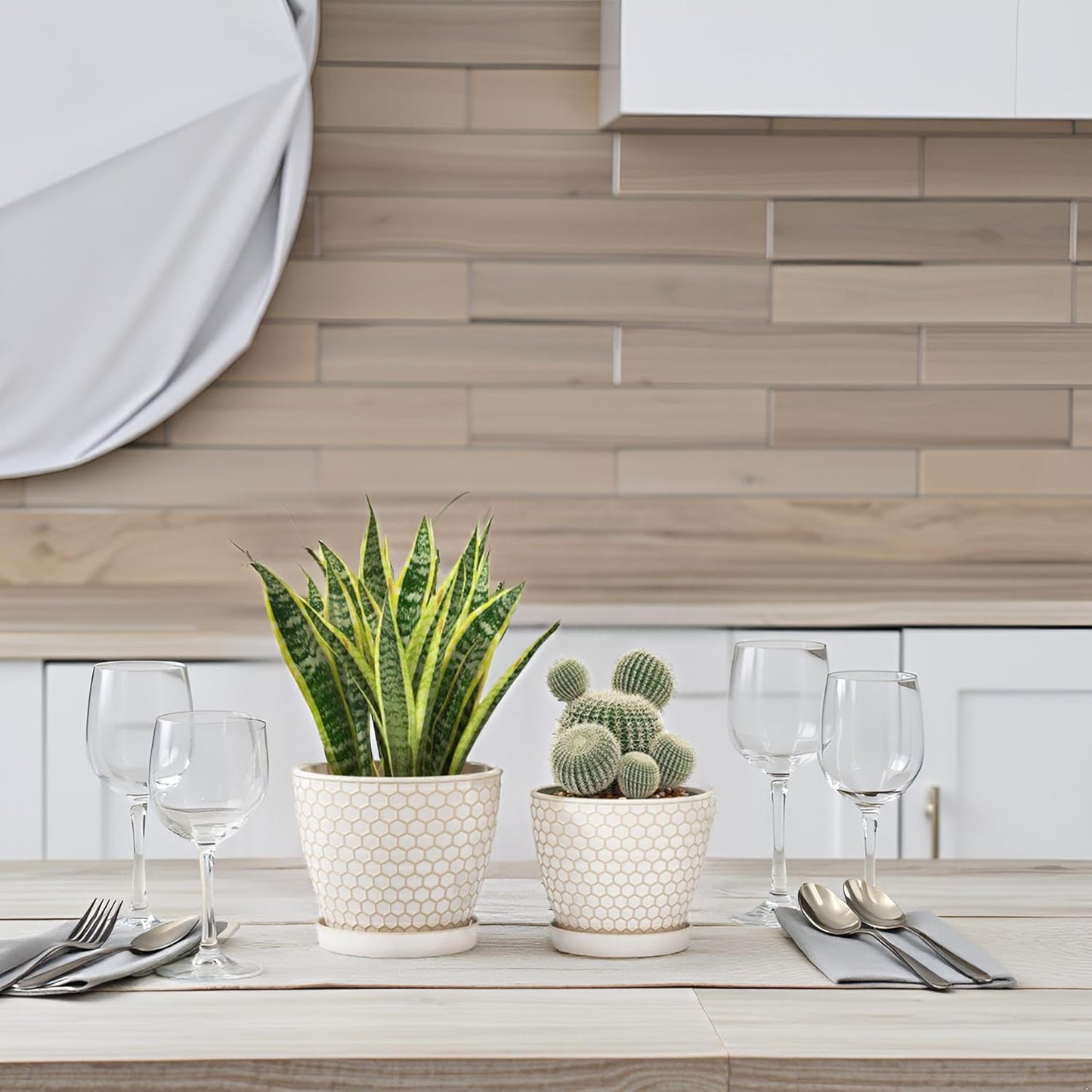 Docrin Ceramic Plant Pots Indoor, 6.6 + 5.5 Inch Flower Pots with Drainage Holes and Saucer for Plants, Set of 2, Milky White Honeycomb