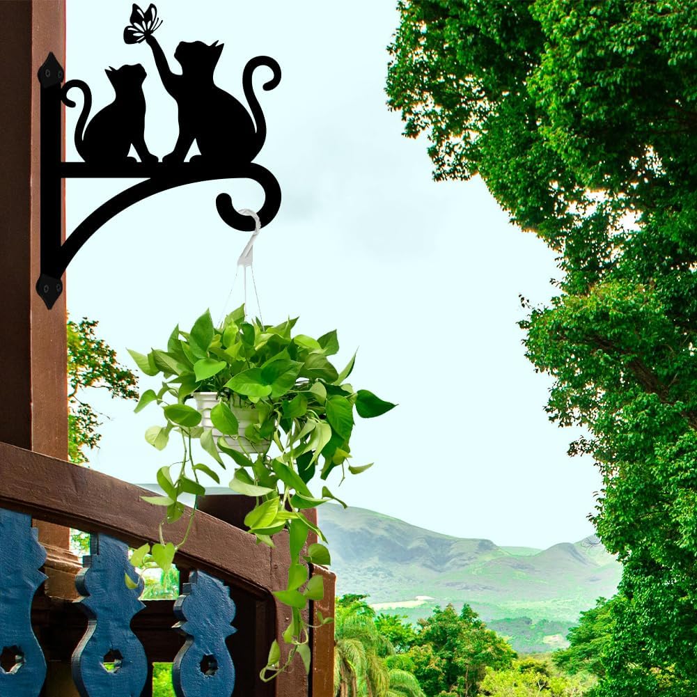 Peacoblue Iron Plant Hangers Hooks for Outdoor Indoor Hanging Plants Fern Pots, Lantern, Bird Feeder, Wind Chimes, 12โx14โ Cat Weather Resistant Metal Wall Brackets Holder for Porch, Garden, Home(Cat)