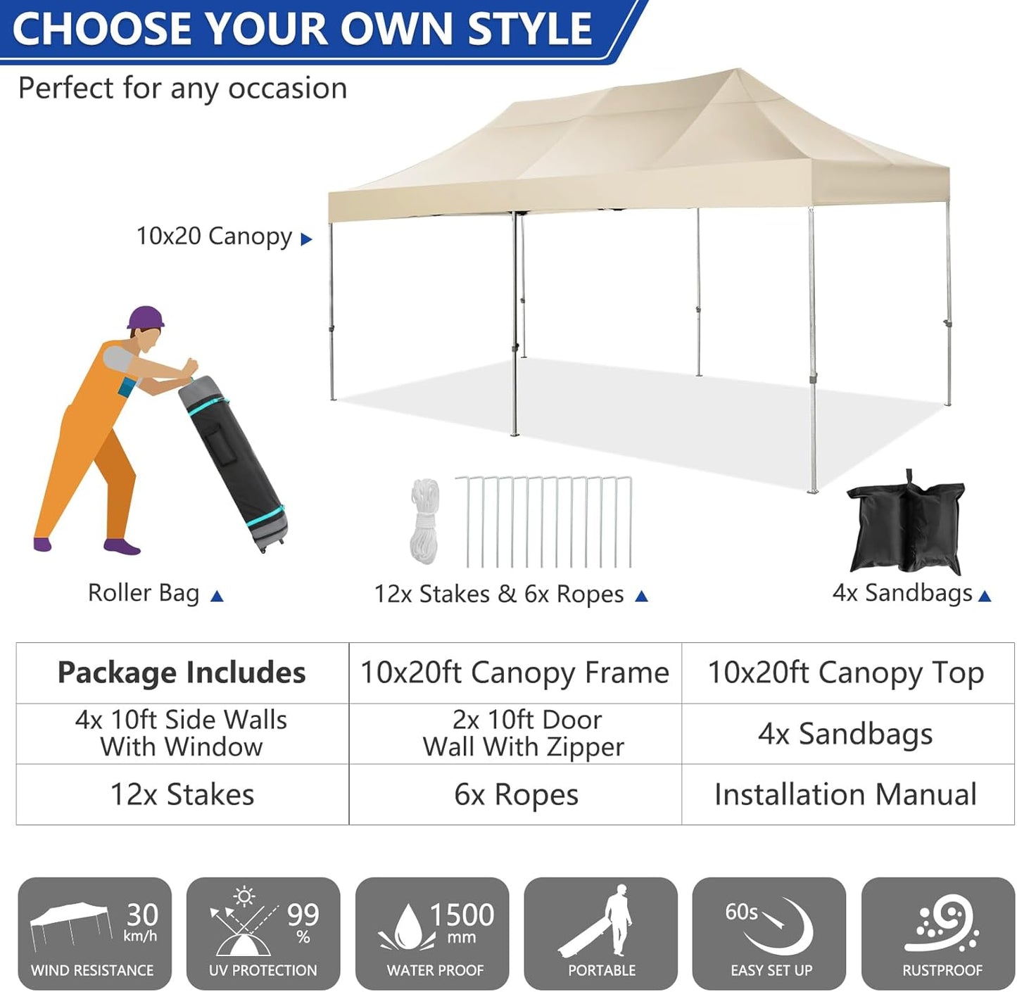 COBIZI 10x20 Pop up Canopy Tent Heavy Duty Without Sidewalls, Easy Set-up Commercial Outdoor Party Canopy, 100% Waterproof Wedding Gazebo, 3 Height Adjustable with Wheeled Bag, Khaki