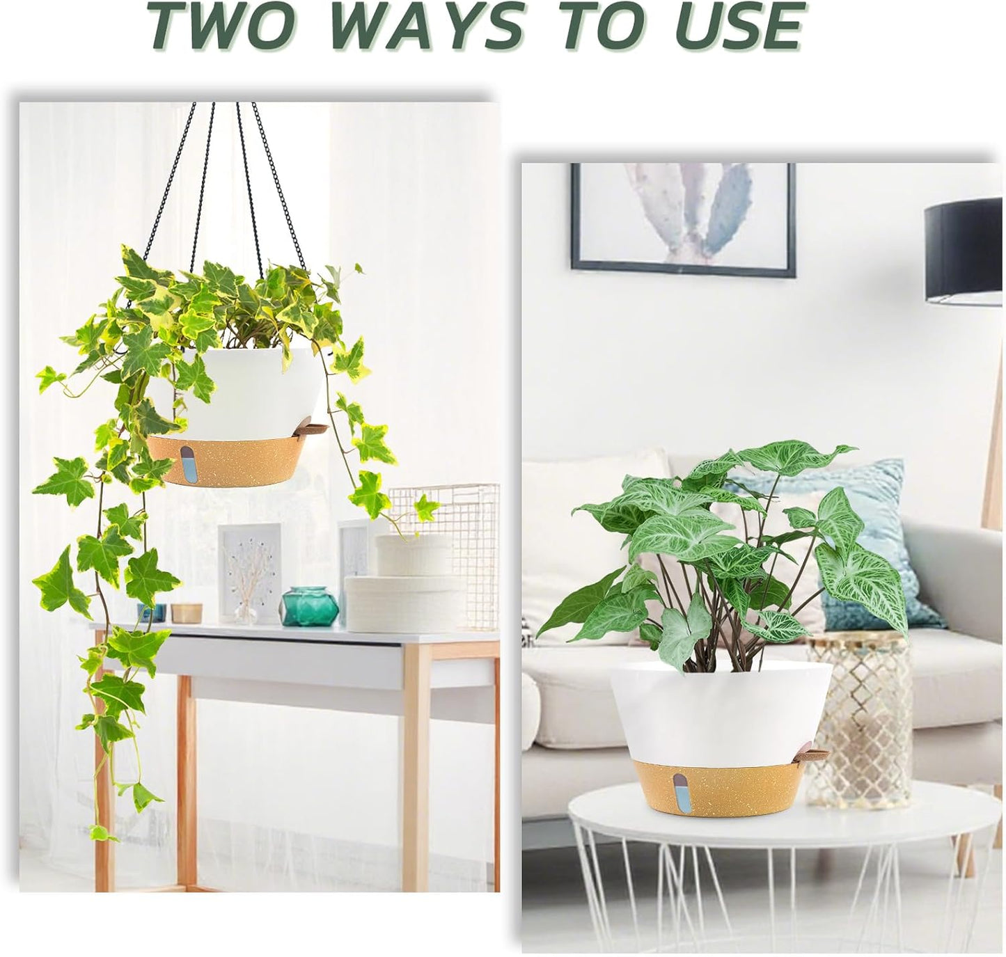 ZMTECH 12 Inch Hanging Planters for Indoor, 2 Pack Large Hanging Plant Pot with Visible Water Level and Chain, Self Watering Hanging Flower Pot for Outdoor Garden Porch(12Inch, White)