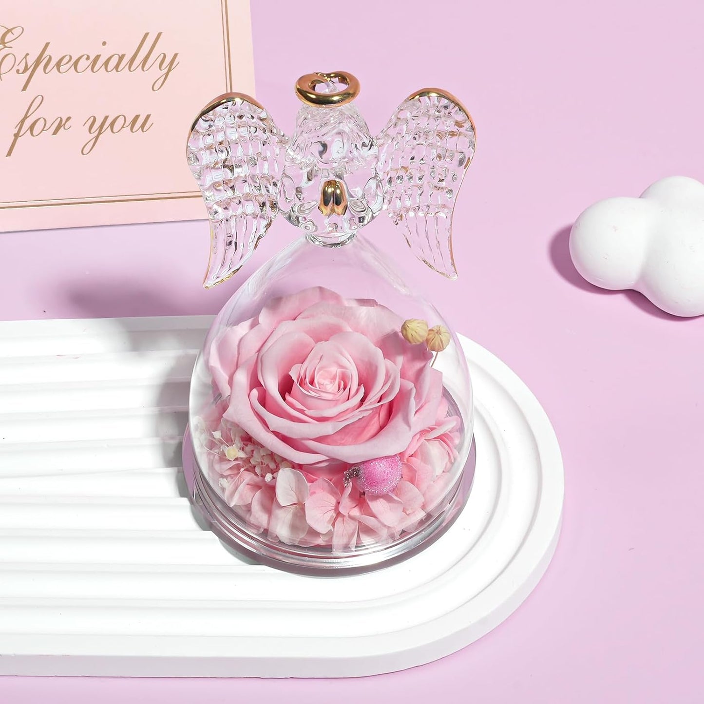 Yamonic Mom Birthday Gifts for Mom, Angel Figurines with Real Rose Gifts for Her Mom Grandma,Preserved Flowers Rose Angel Figurines for Mothers Day Christmas Anniversary Birthday Gifts for Her (Pink)