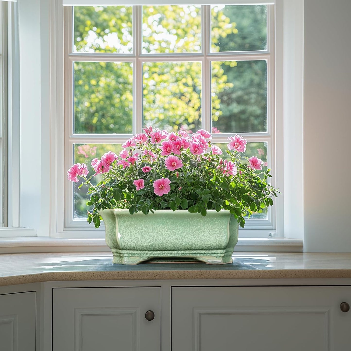 Bonsai Pots - 13.7 Inch Rectangle Ceramic Pots for Plants, Large Succulent Planter with Drainage Hole, Decorative Planters for Indoor Outdoor, Garden House Decor, Housewarming Gifts, Green