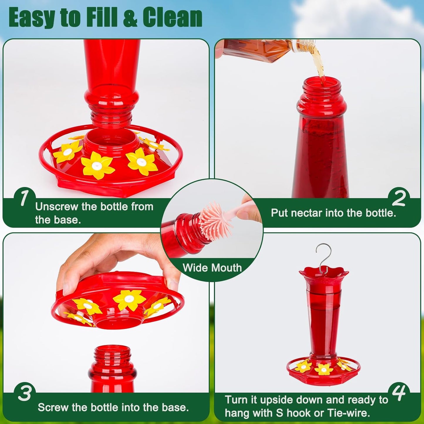 Glass Hummingbird Feeders for Outdoors Hanging Ant and Bee Proof Red & Blue 10OZ 2Pack Bird Feeders for Outside Hanging 6 Feeding Stations Bird Nectar Feeder for Garden Yard Dรฉcor Gift for Mom