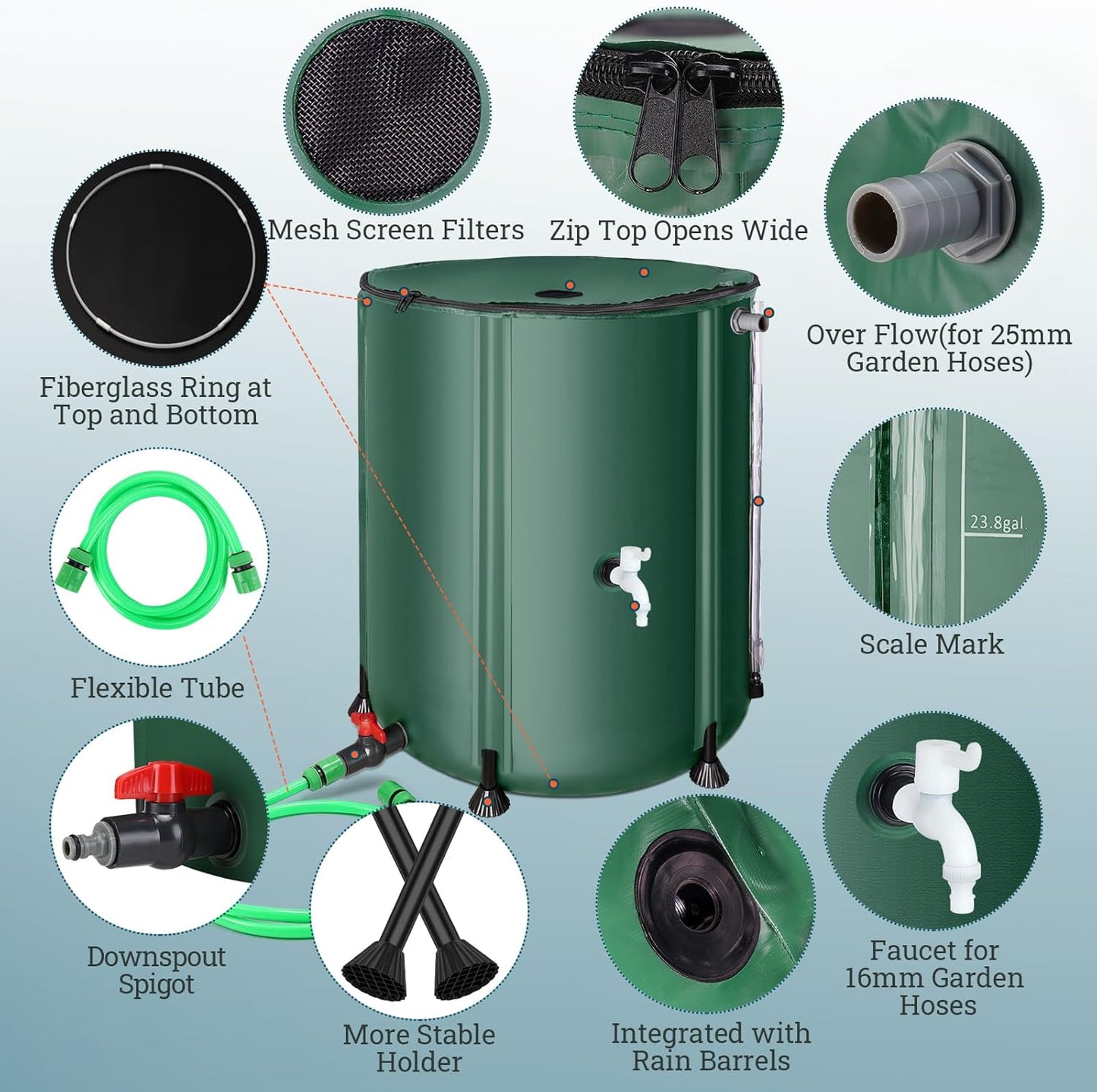 53 Gallon Collapsible Rain Barrel for Garden/Outside/Lawn, Portable Rainwater Collection System, Rain Barrel to Collect Rainwater from Gutter, Water Storage Tank with Two Spigots & Overflow Kit, Green