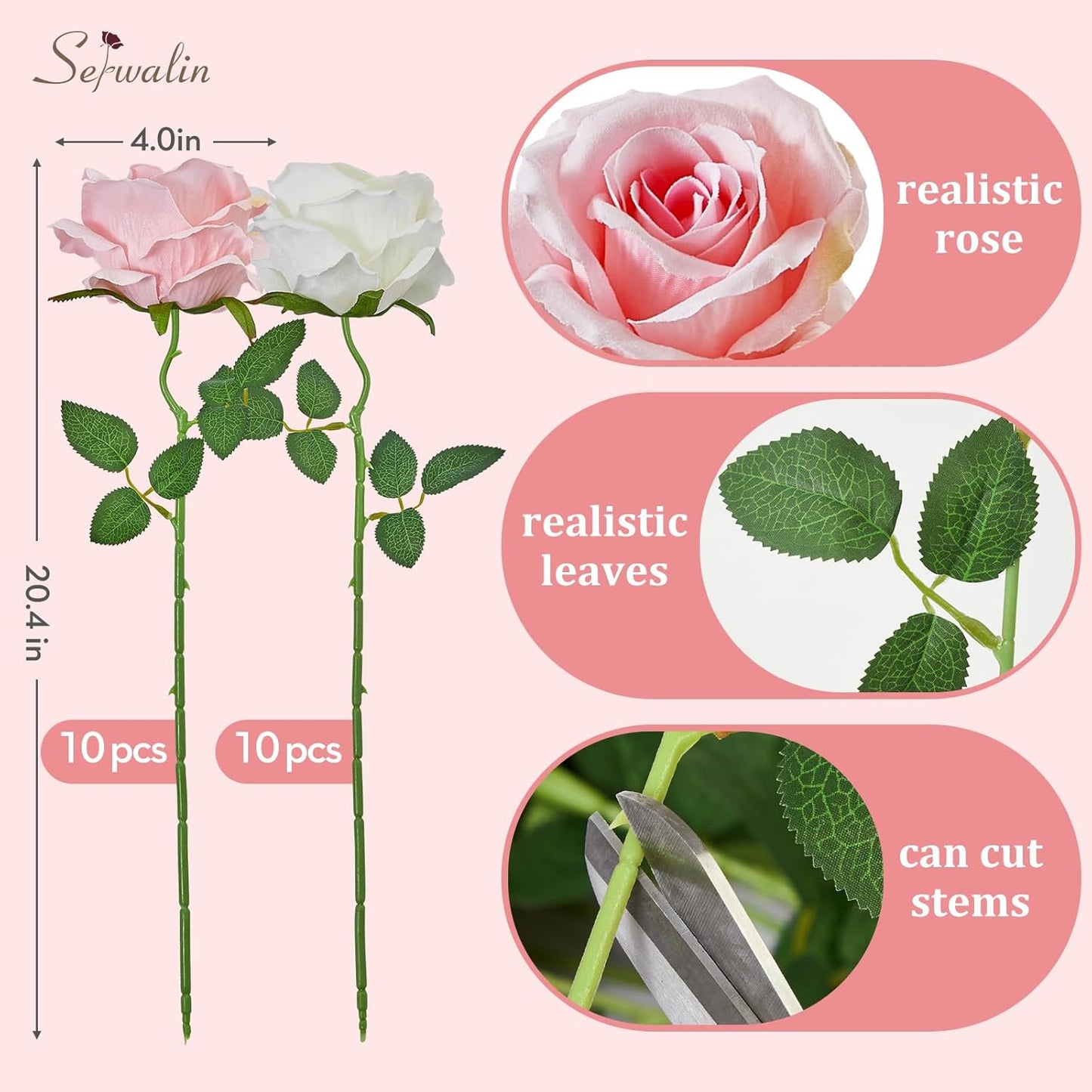 Serwalin 20pcs Artificial Pink & White Roses, 4'' Big Flower Head, Fake Velvet Roses, Silk Roses Long Stems Realistic Bouquet for Wedding Parties Table Centerpiece and Home Decor
