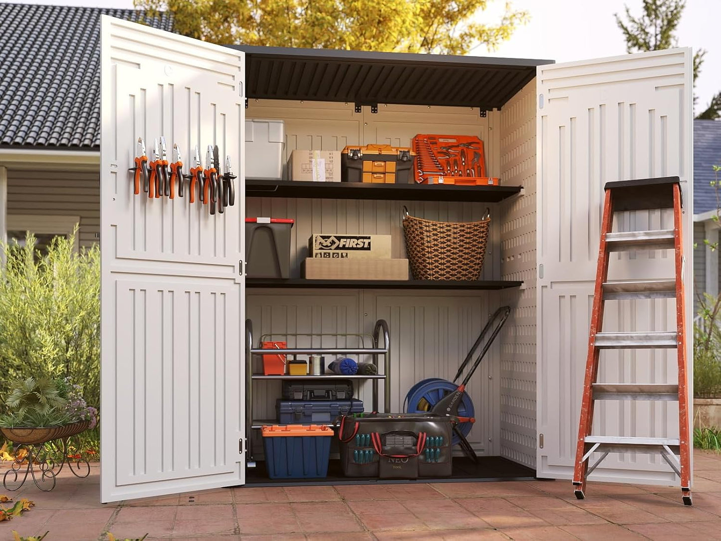 Vertical Resin Storage Shed, 60 Cuft Garden Tool Sheds & Outdoor Storage, Plastic Outdoor Storage Cabinet Waterproof, 4.5 x 2.3 ft Backyard Outside Lawn Mower Storage Shed, White