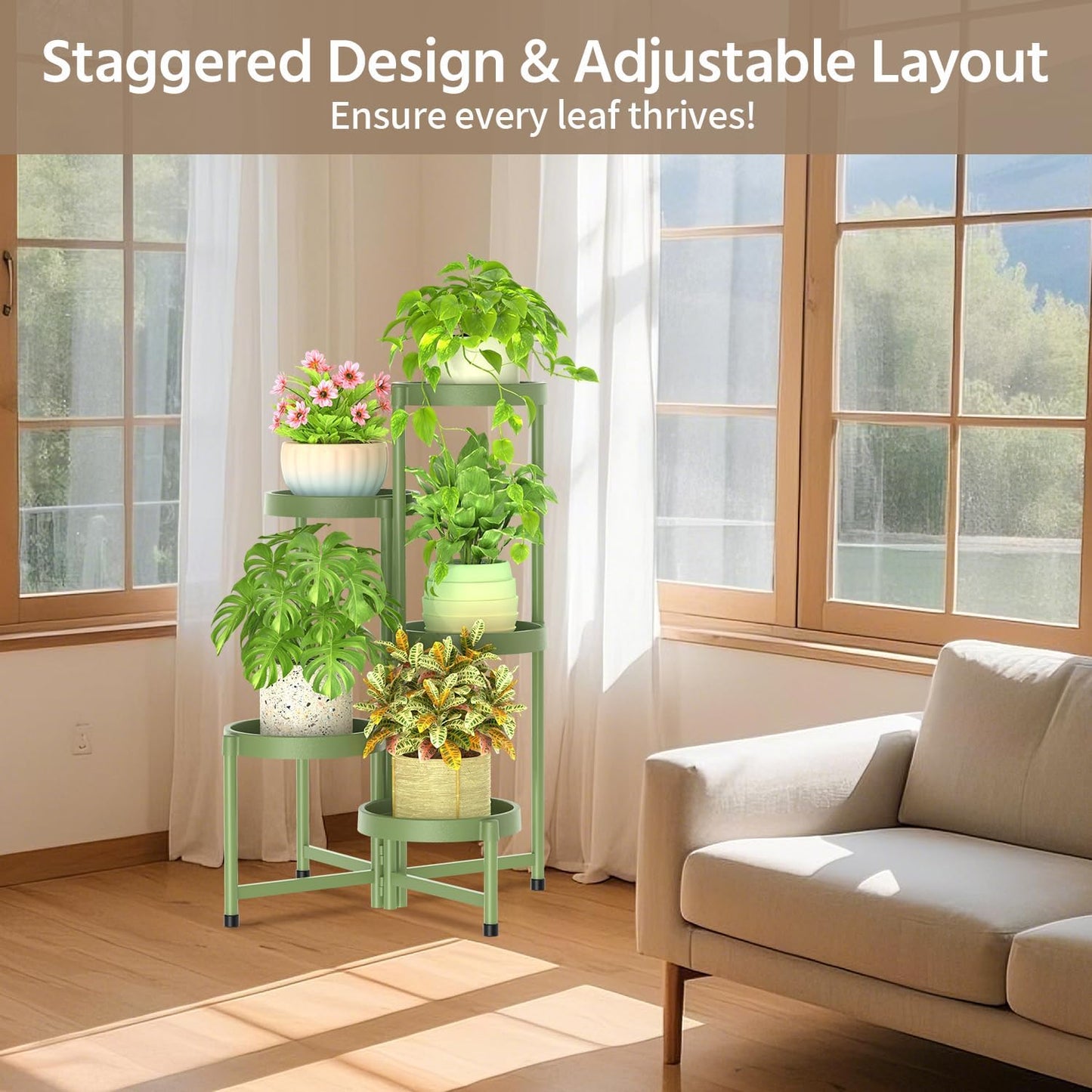 LASZOLA 5 Tiered Folding Plant Stand Indoor for Multiple Large Planter, Tall Heavy Duty Adjustable Rack with Rust Proof Plastic Shelving, Sturdy Vertical Tree Organizer for Narrow Inside Floor, Green