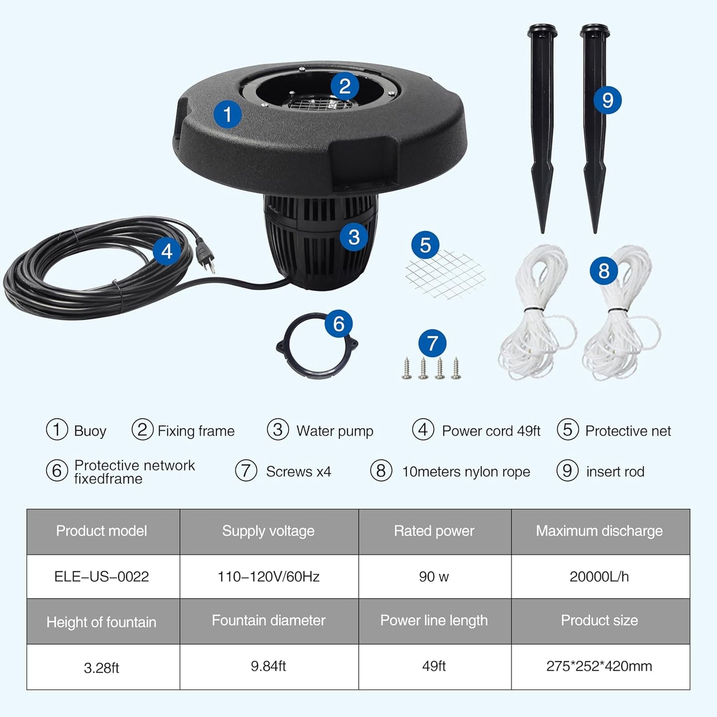 RGB LED Pond Fountain Aerator,with Color-Changing Light Show, 10000 GPH Floating Aerating Pump, 35ft Power Cord, Time Control, Perfect for Ponds & Lakes (NO-RGB)