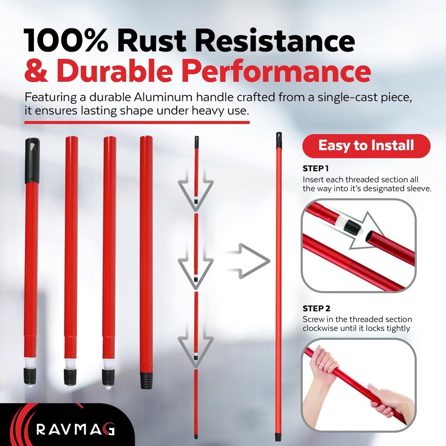 Silicone Floor Squeegee with 55-Inch Long Handle, 12-Inch Single Cast Silicone Blade, 360° Swivel Joint - Multifunction Floor Squeegee for Garage, Concrete Floor, Shower Floor, Glass Windows