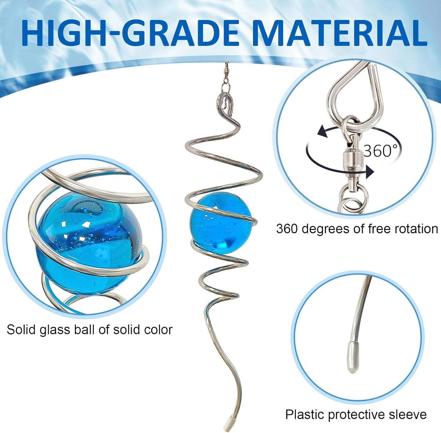 Gazing Ball Wind Spinner Spiral Tail with Blue Glass Orb | Creates Captivating Visual Illusion in Spinning, 13In Wind Spinners Stabilizer | Hanging Rotating Art Outdoor Garden Decor & Gift