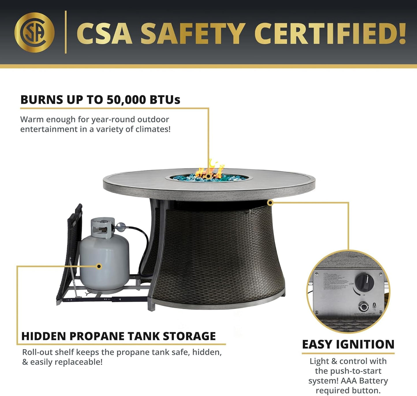 Mazatzal 7 Piece Wicker Patio Furniture Set with 52" Round Propane Gas Firepit Table, 6 Patio Chairs with Cushions, Outdoor Aluminum Conversation Set for Poolside, Backyard, CSA Certified, Gray