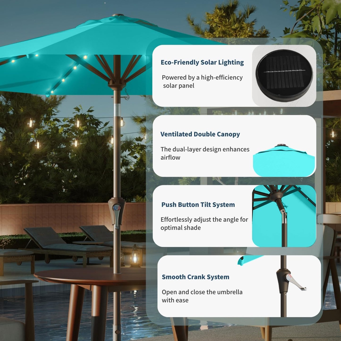 10FT Solar Umbrella 32 LED Lighted Patio Umbrella Table Market Umbrella w/Tilt and Crank, UV-Resistant Outdoor Umbrella for Pool, Garden, Deck, Aqua Blue