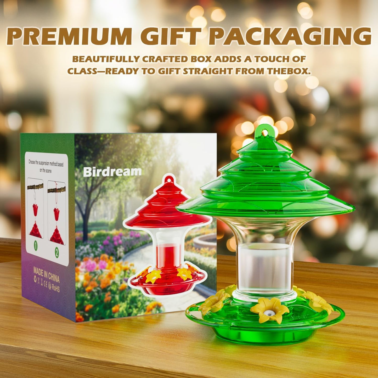 Birdream Hummingbird Feeder for Outdoors Hanging, 20oz Hummingbird Feeders with 5 Bee Guard Feeding Ports & Built-in Ant Moat Brush Leak-Proof for Outside Gifts for Women - Green