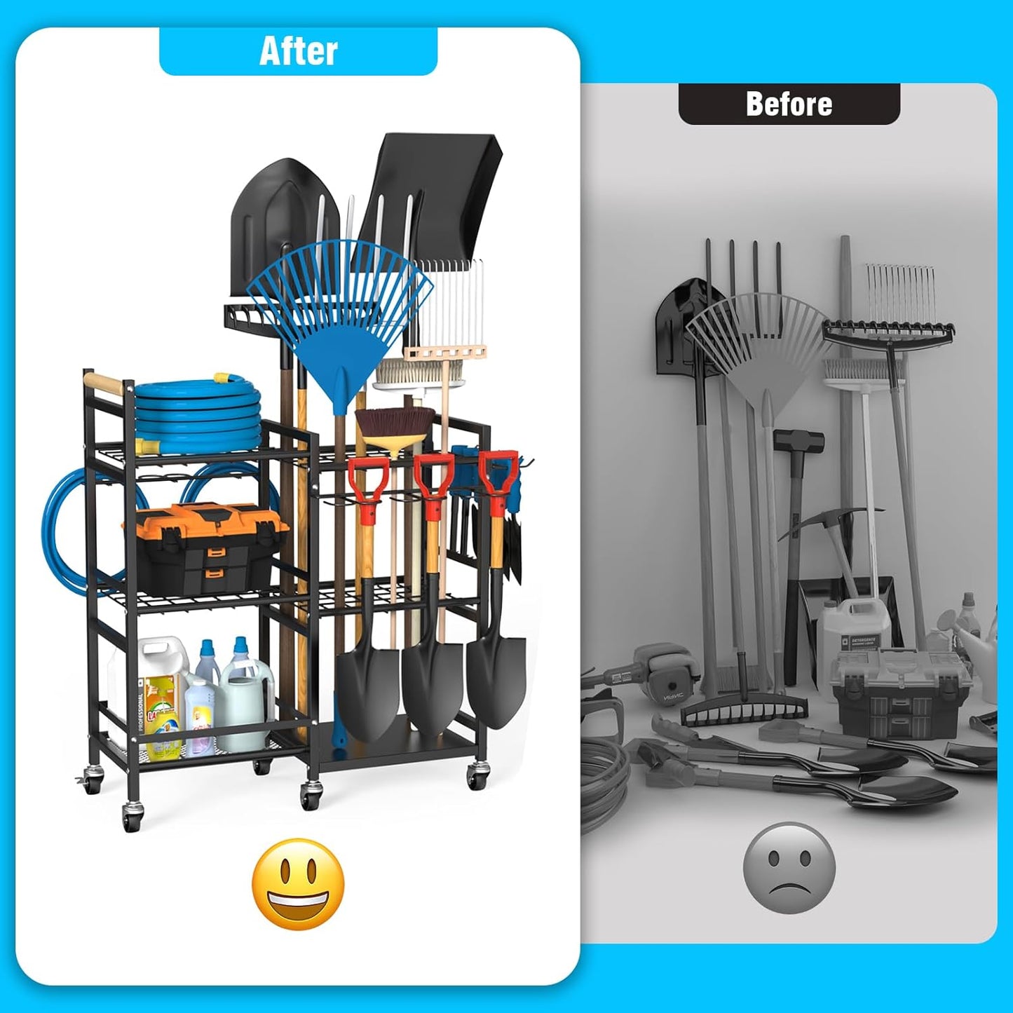 NADAMOO Garden Tool Organizer with Rolling Wheel, 3-tier Metal Shelf Yard Tool Holder, Utility Stand Rack for Garage Organization and Storage, Hold Long-Handled Rakes, Shovel, Broom