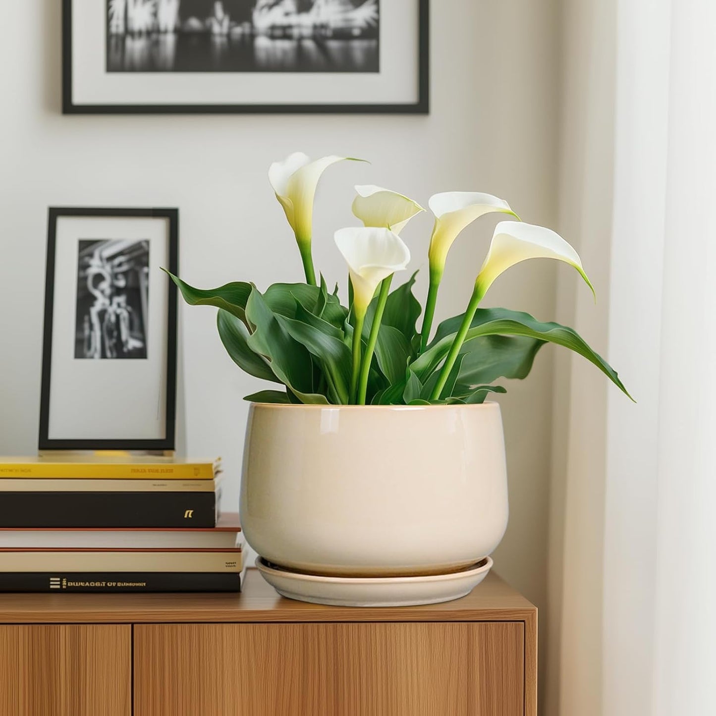 G EPGardening Ceramic Plant Pots - 9 Inch Round Planter, Ceramic Flower Pots with Drainage and Saucer, Modern Indoor Outdoor Planter, Room Decor, Home Gifts, Beige