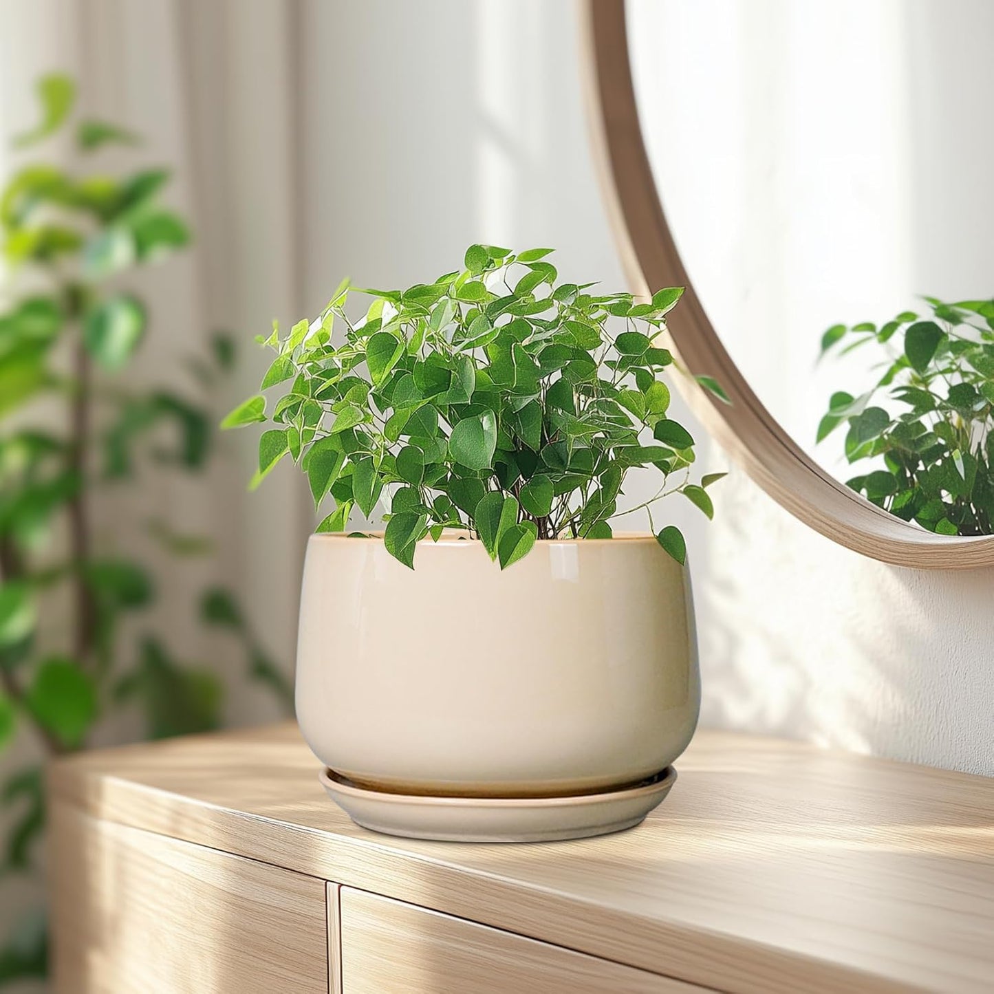 G EPGardening Ceramic Planter - 7 Inch Plant Pots with Drainage and Ceramic Tray, Flower Pots for Indoor Plants, Round Outdoor Planter, Room Decor, Gifts for Plant Lovers, Beige