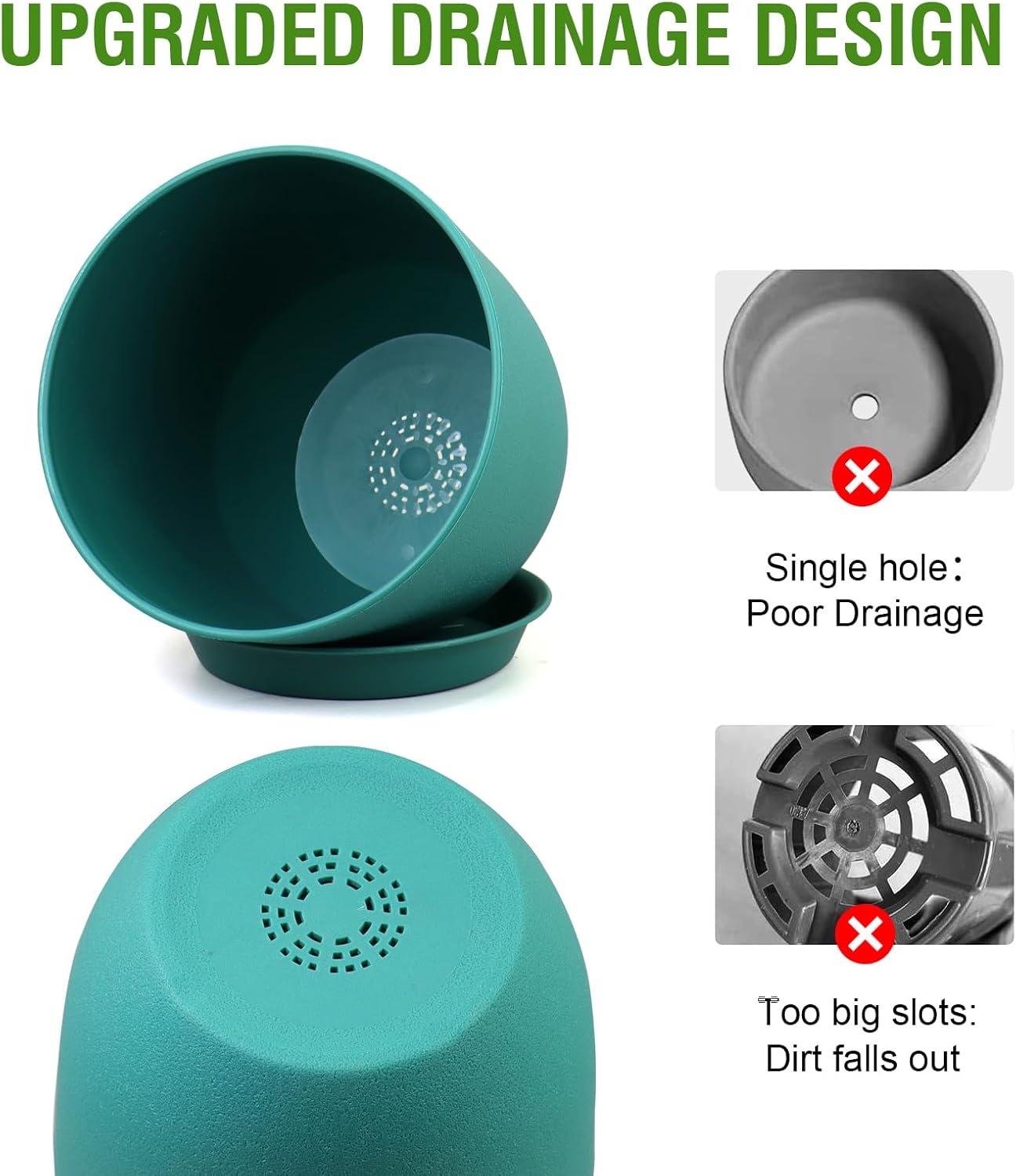 Flower Pots 10/9/8 inch, Set of 3 Modern Decorative Plastic Planters with Drainage Holes and Tray for House Plants Indoor Flowers Plants, Plant Pots for Indoor Outdoor Plants, Blue Green