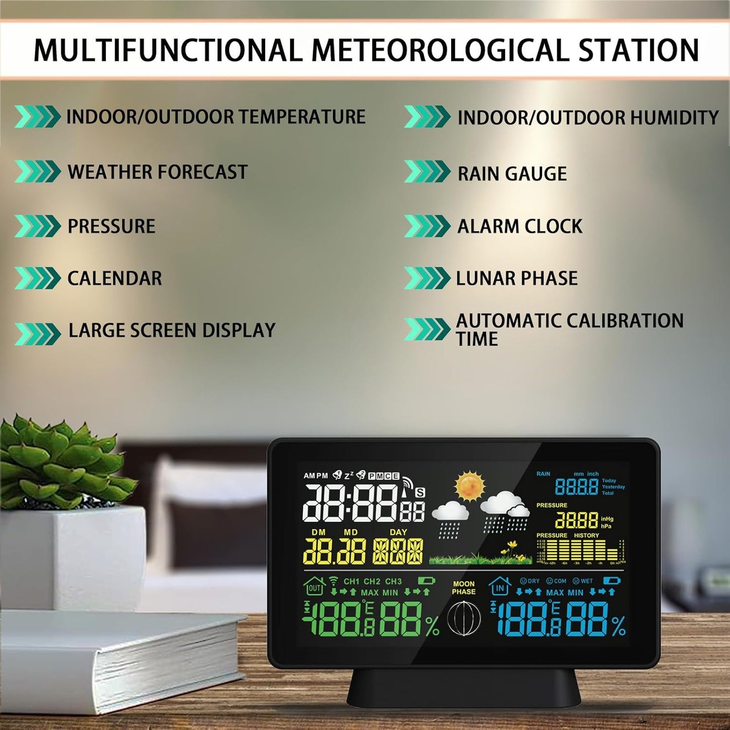 BIUWING Wireless Rain Gauge and Weather Station, Digital Rain Gauge Outdoor Home Weather Stations with Thermometer, Hygrometer, Atomic Clock, Forecast and Barometer, Weather Station with Rain Gauges