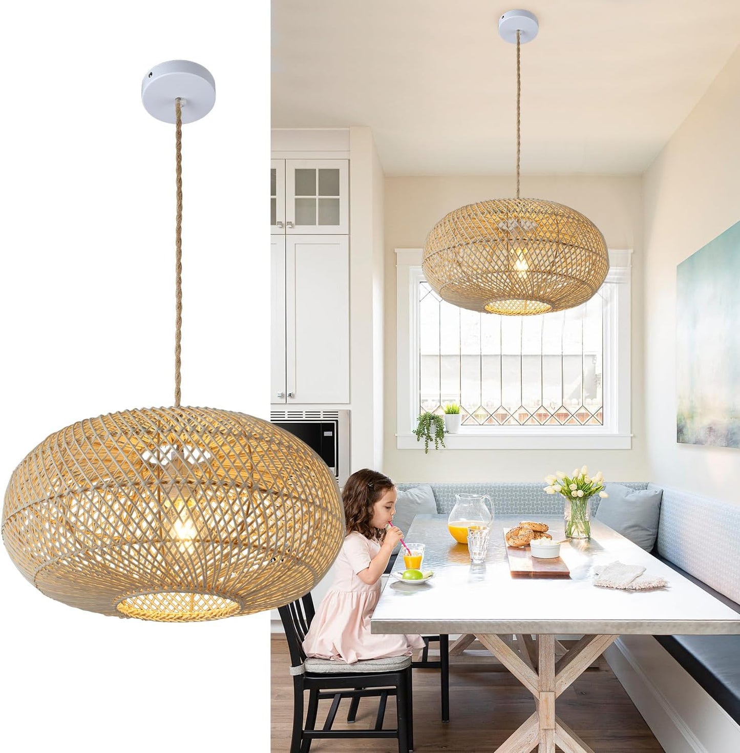Rattan Pendant Light 16" 1-Light Hand-Woven Rattan Hanging Light,Wicker Woven Basket Chandelier,Modern Bohemian Pendant Lamp for Kitchen Island Foyer Farmhouse Porch