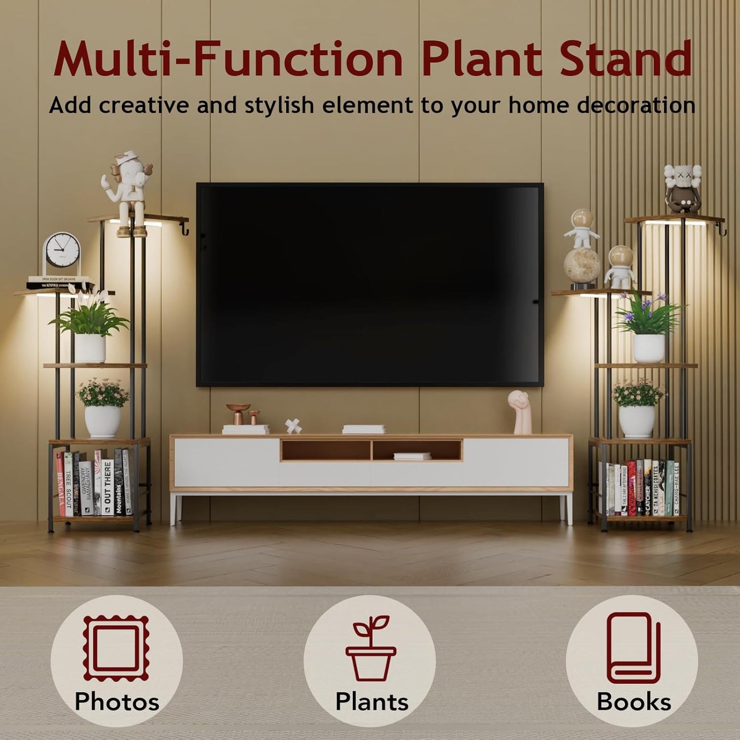 Plant Stand Indoor with Grow Light, 5-Tiered Tall Plant Stand Indoor, Metal Plant Shelf with Hanging Basket Hook and Adjustable Light, Ideal for Living Room, Garden, Patio (Black Brown)