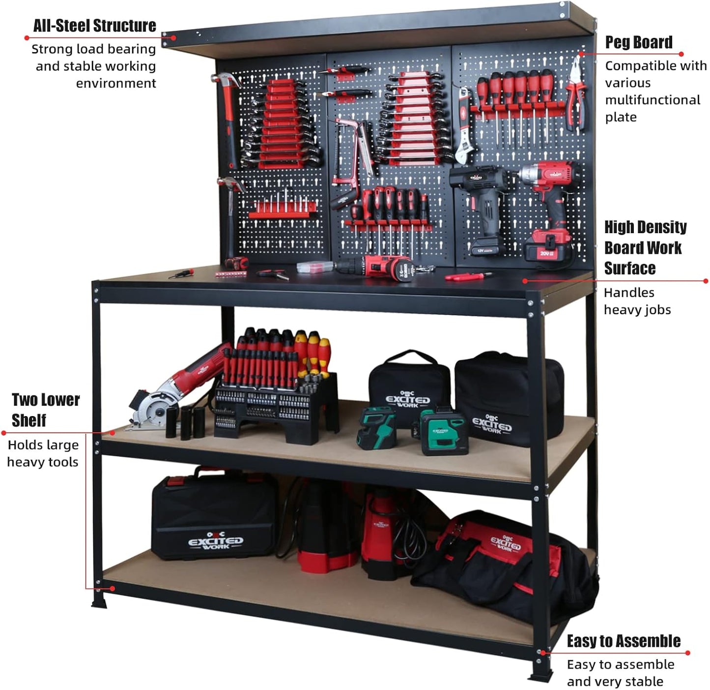48inch Workbench with Peg Board, Multipurpose Tool Organizer and Work Bench with Double Storage Platform, Workbench in Garage Workshop (48" x 24" x 61")