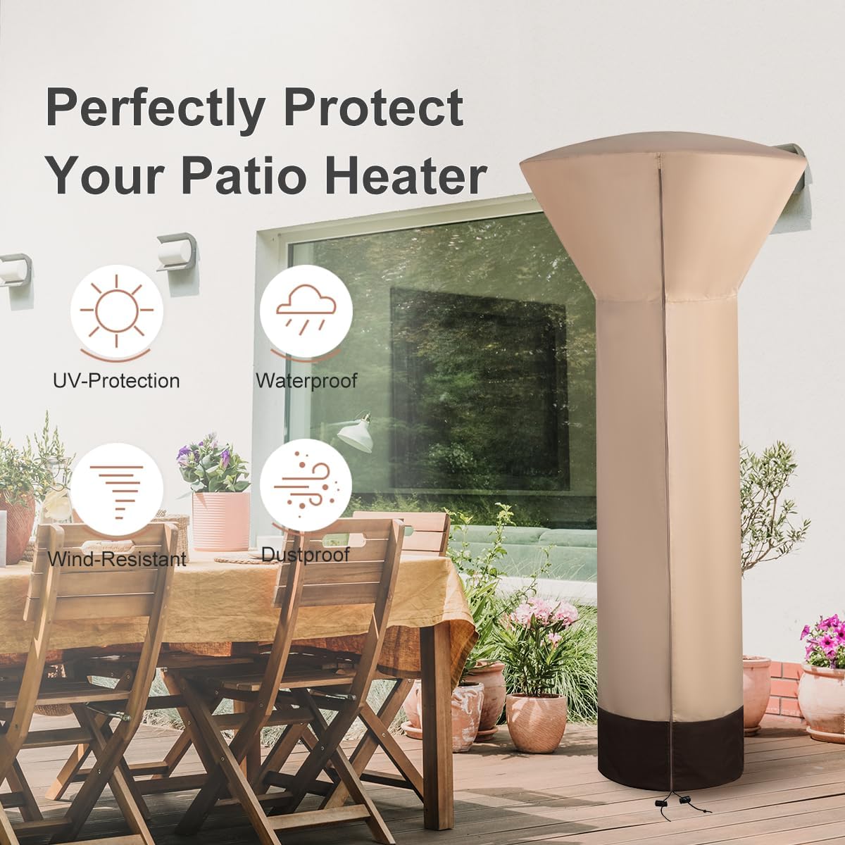 Vailge Patio Heater Covers with Zipper and Storage Bag,Heavy Duty 600D Oxford Waterproof Outdoor Heater Cover Wind-Resistant Dustproof UV-Resistant,Beige & Brown,89'' Height x 33" Dome x 19" Base