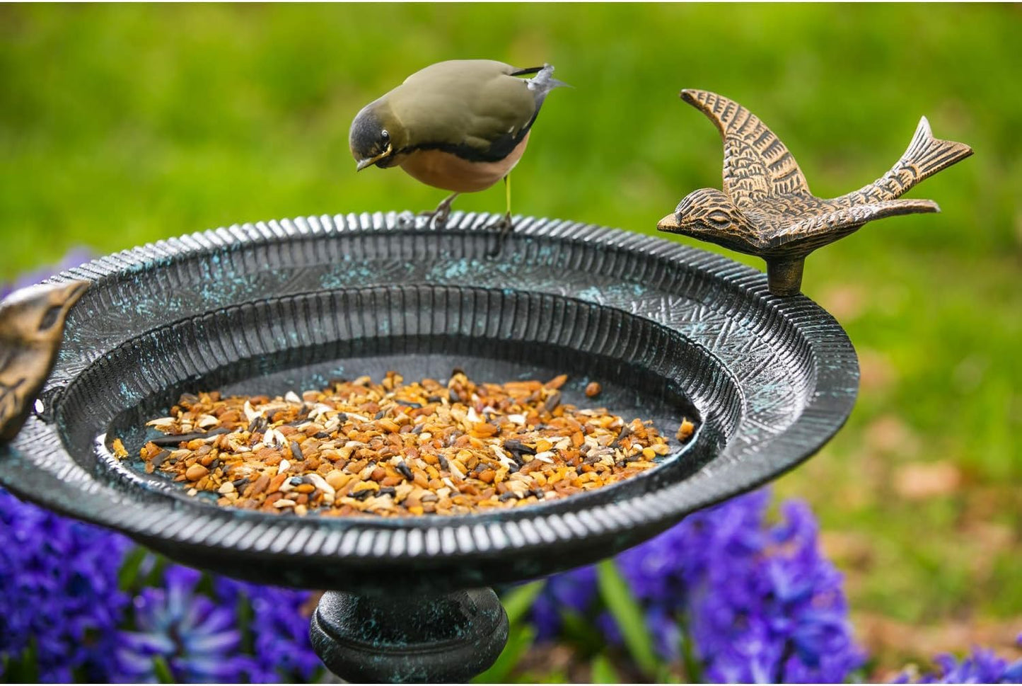 Evergreen Hummingbird Metal Bird Bath Bowl with Stand - Heavy Duty, Ground Standing Bird Bath and Feeder for Garden, Yard, Deck