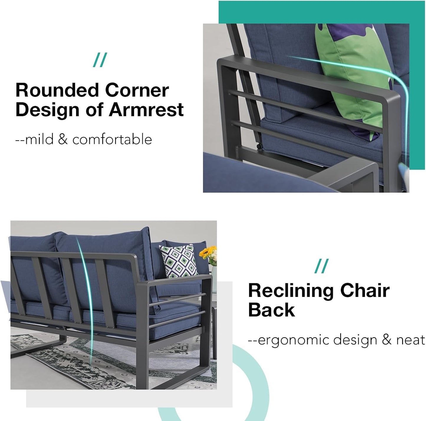 Patiorama Aluminum Patio Furniture Set, 2 PCS Outdoor Armchairs Single Sofa Couch, All Weather Dark Grey Metal Chair with Olefin Cushion, Deep Seating, 300 lbs Capacity, Deck, Garden-Blue Cushion